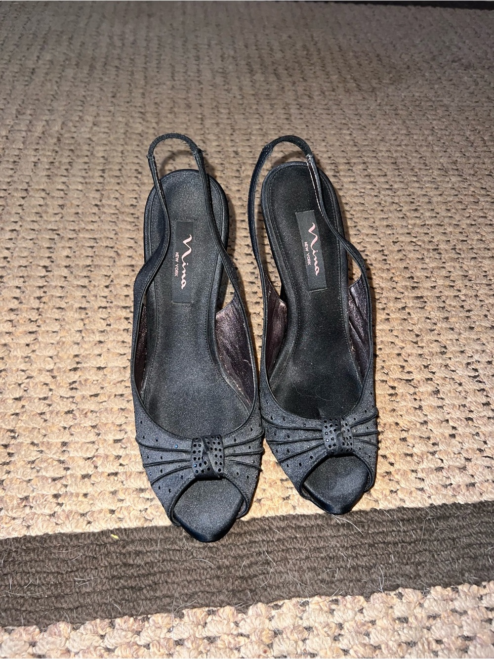 Nina Black Satin Slingback Peep-Toe Heels with Bow